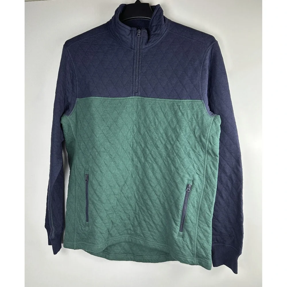 J.Crew Quilted Quarter Zip Pullover Color block Navy Blue Green Men's Medium
